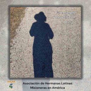 Gray, Black & White Shadows Inspirational Affirmations Carousel Instagram Post - 2 Sombra de una persona en el suelo con el logotipo de AHLMA debajo y una cita bíblica: "Fui extranjero, y me recibieron" Mt.25:35